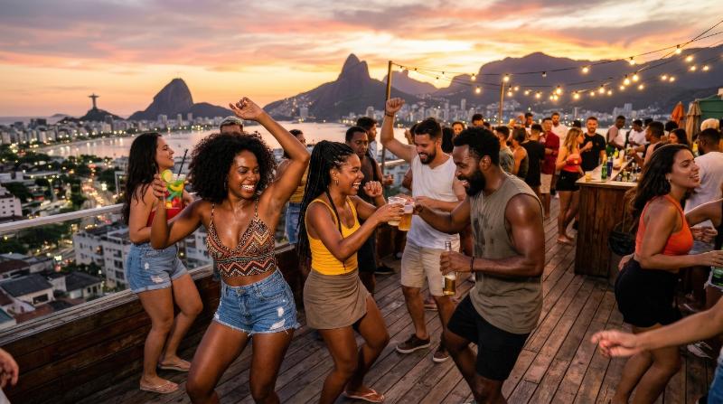 Brazilian friends dancing funk and sharing drinks on a rooftop in Rio, city skyline, casual summer style, animated movement, vibrant festive energy, warm sunset light, ultra-realistic, no logos.
