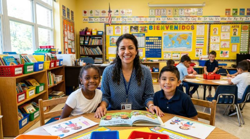 A Hispanic female teacher smiling warmly in an elementary classroom, direct eye contact, colorful educational decor, bright natural light, friendly and nurturing atmosphere, ultra-realistic, no logos.