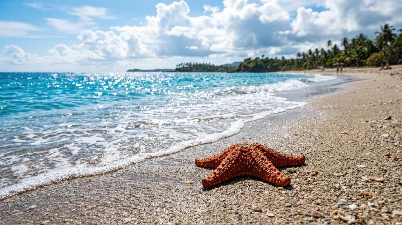 A starfish lying on sandy beach near sparkling azure ocean water under a bright cloudy sky, vivid summer textures and peaceful coastal paradise mood, ultra-realistic, no logos.