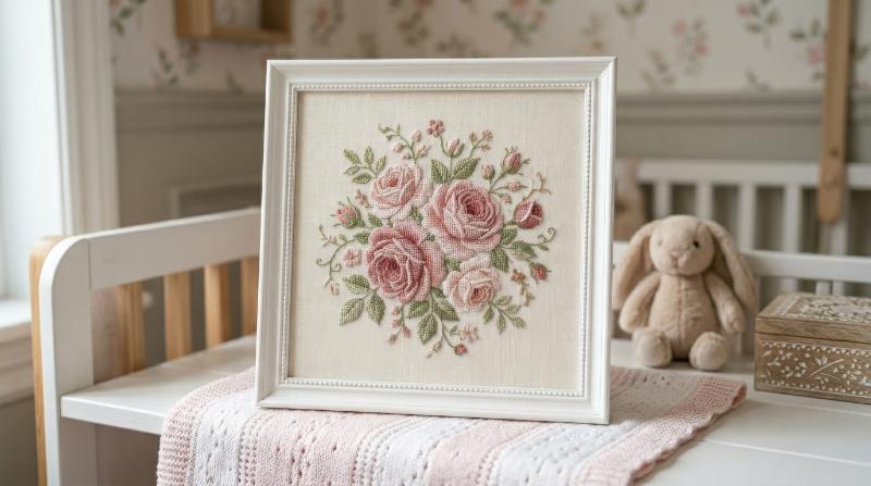 Luxury baby girl rose embroidery with delicate cross-stitch petals, elegant pink floral nursery element with refined stitched softness, ultra-realistic, no logos.