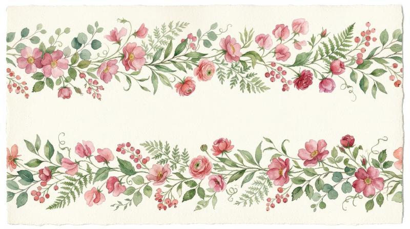 A watercolor midsummer seamless border with delicate leaves and pink-red flowers, hand-painted floral frame with soft romantic detail, graceful invitation atmosphere, ultra-realistic, no logos.