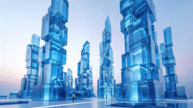 Transparent blue glass geometric blocks rising like futuristic architecture, glossy crystal planes, gradient light and a minimalist innovation-focused atmosphere, ultra-realistic, no logos.