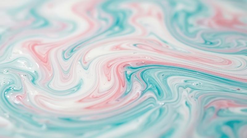 A macro liquid texture with white, pink and turquoise swirls, soft marble-like motion and dreamy fluid calm in cool tones, ultra-realistic, no logos.