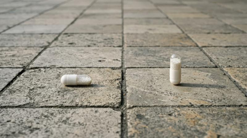 One capsule lying on tiled ground while another capped capsule stands nearby, minimal surreal composition, subtle shadows, quirky conceptual mood, ultra-realistic, no logos.