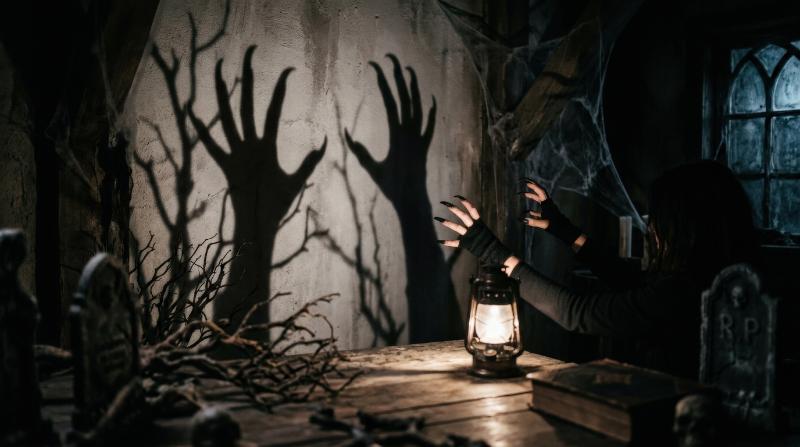 Terrifying shadow hands with long nails rising in silhouette, graveyard-inspired darkness, eerie claw shapes and stark wall projection, chilling Halloween mood, ultra-realistic, no logos.