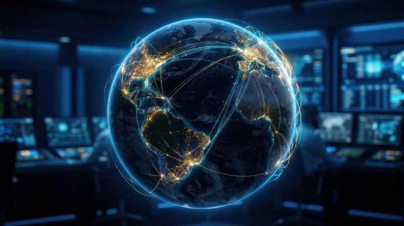 A glowing world map at night with luminous city nodes and digital network links across continents, deep blue global-tech atmosphere, ultra-realistic, no logos.