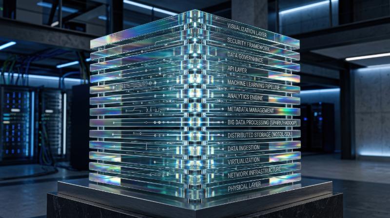 Stacked iridescent glass plates representing layered data architecture, shimmering edges and precise modern symmetry, elegant infrastructure aesthetic, ultra-realistic, no logos.