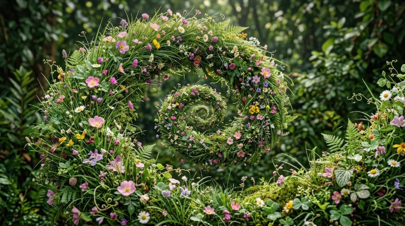 A botanical abstract spiral with dense grass and floral detail, layered greenery, intricate petal forms, elegant motion, lush and immersive atmosphere, ultra-realistic, no logos.
