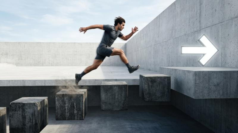 A man jumping across blocks toward a forward arrow, minimalist scene, dynamic motion, clean contrast and an energizing atmosphere of progress, determination, and motivation, ultra-realistic, no logos.