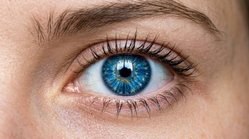 A striking close-up of a vivid blue eye, crisp lashes, reflective iris detail and hypnotic minimal beauty, ultra-realistic, no logos.