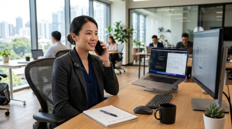 A software designer speaking to a client on the phone in an office, laptop open, neat desk setup, modern tech workspace and a focused professional mood, ultra-realistic, no logos.
