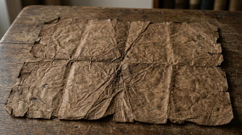 Vintage brown crumpled paper with folded creases, parchment texture, warm earthy tones and subtle age marks, rustic archival atmosphere, ultra-realistic, no logos.