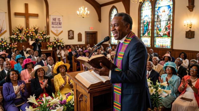 An African American preacher reading from the Bible and speaking into a microphone during Easter worship, warm sanctuary lighting and focused congregation, uplifting resurrection service atmosphere,