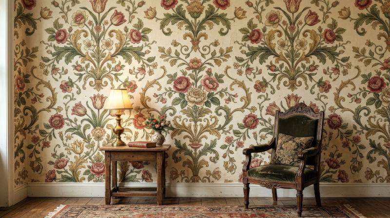 Vintage floral repeat with ornate botanical motifs, classic antique wallpaper design for textile and interiors in an elegant retro mood, ultra-realistic, no logos.