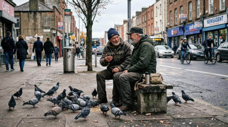 Two men sitting by the roadside talking while pigeons gather around them, everyday urban setting with candid interaction and soft atmospheric detail, ultra-realistic, no logos.