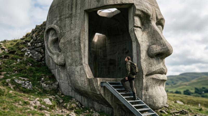 A man climbing stairs into a giant human head sculpture, monumental facial outline, open interior space, soft directional light, atmosphere of exploring thought and inner awareness, ultra-realistic,