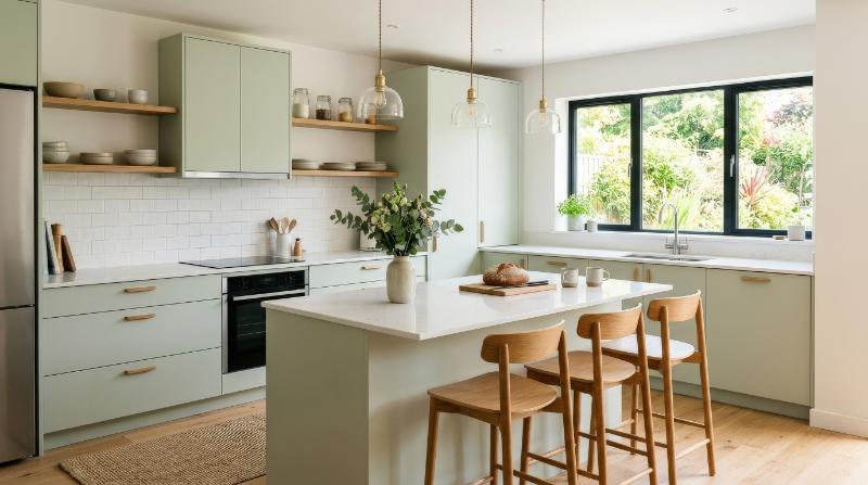 A modern kitchen with light green cabinets, white countertops, light brown chairs, and minimalist hanging lights, fresh daylight and clean Scandinavian styling, ultra-realistic, no logos.