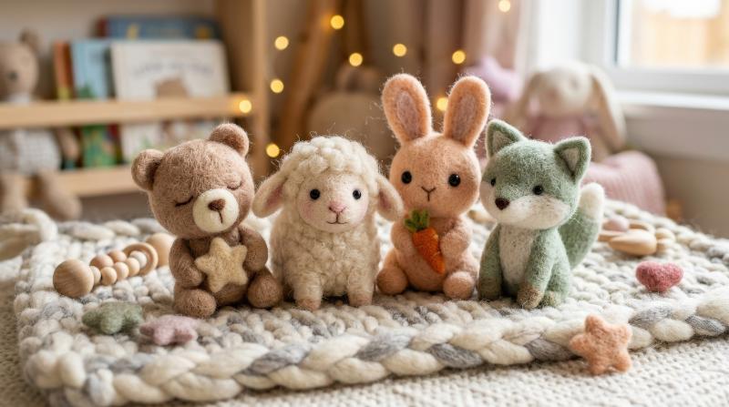 Cute soft wool-felt baby mascots in a playful arrangement, tactile fuzzy texture, gentle pastel tones, warm imaginative background mood, ultra-realistic, no logos.