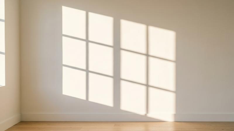 A realistic window shadow with light blur isolated cleanly, bright summer sun and subtle tonal gradients, crisp minimal atmosphere, ultra-realistic, no logos.