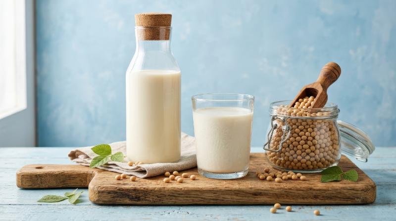A bottle and glass of soy milk with soybeans in a jar and wooden scoop on a cutting board against a blue background, natural ingredients, clean styling and wholesome fresh atmosphere, ultra-realistic,