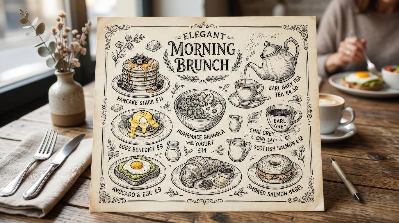 Elegant retro breakfast and brunch doodles with morning tea icons, vintage ink linework and a calm inviting café-menu mood, ultra-realistic, no logos.