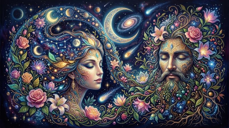A whimsical illustration of stylized faces, celestial objects and floral motifs intertwined in a poetic surreal composition, ultra-realistic, no logos.