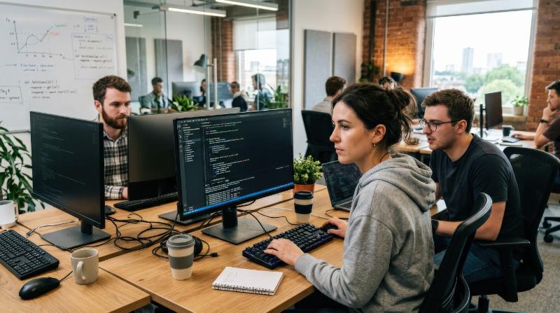 A concentrated female programmer working with colleagues on a desktop PC in a startup office, code on screens, focused expressions, contemporary workspace, ultra-realistic, no logos.