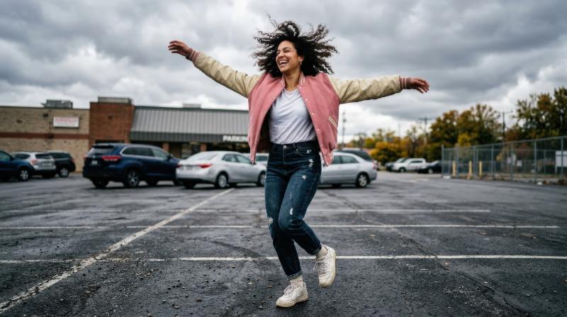 A carefree curly-haired woman in a pink letterman jacket dancing in a parking lot under a cloudy sky, arms outstretched, windswept energy, playful expressive mood, ultra-realistic, no logos.