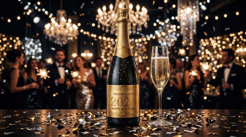 A luxury champagne bottle with a golden label and 2026 numbers surrounded by confetti and festive lights, dark glamorous background, premium New Year invitation mood, ultra-realistic, no logos.