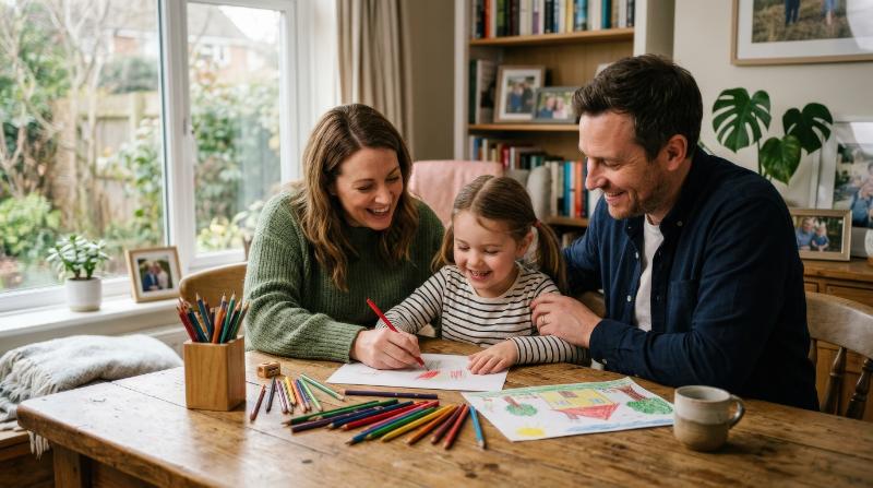 A smiling family at home as parents help their daughter with drawing, colored pencils on the table, warm interior, affectionate mood, soft ambient daylight, ultra-realistic, no logos.