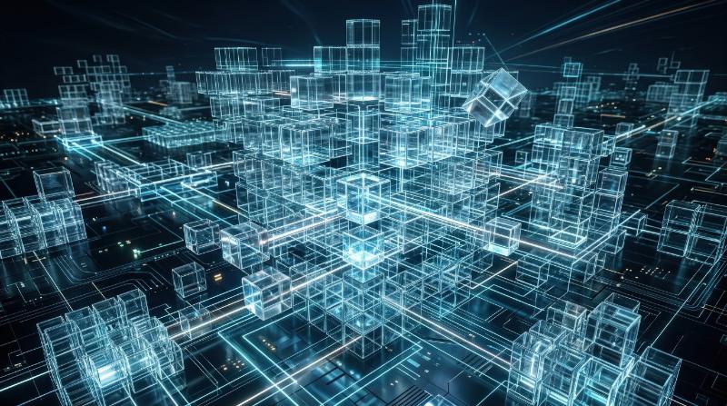 Glass cube blocks assembling into a sleek digital architecture, transparent modular forms and networked depth, advanced platform ecosystem atmosphere, ultra-realistic, no logos.