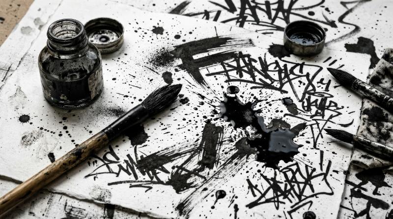 A black ink splatter kit with brush strokes, graffiti stains and messy liquid shapes on white, raw grunge art atmosphere, ultra-realistic, no logos.