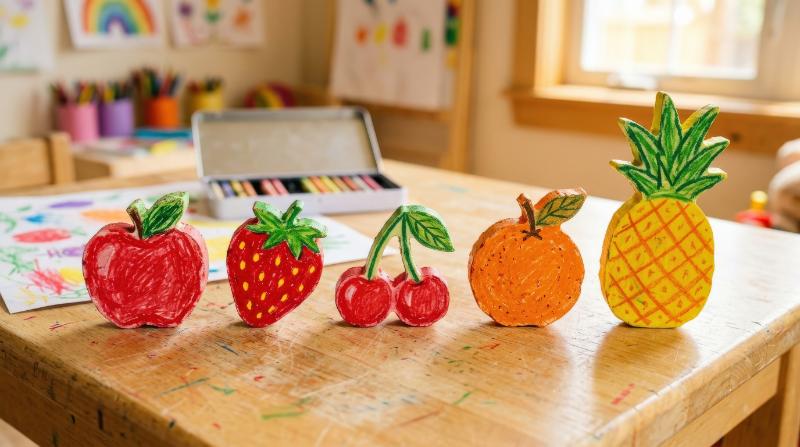 A colorful crayon fruit set with apple, strawberry, cherry, orange and pineapple, playful child-drawn food icons in warm summer pastel tones, ultra-realistic, no logos.