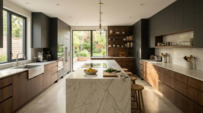 A large modern kitchen in a new house with sleek cabinetry generous workspace and refined functional design, clean materials, warm daylight, sophisticated domestic atmosphere, ultra-realistic, no