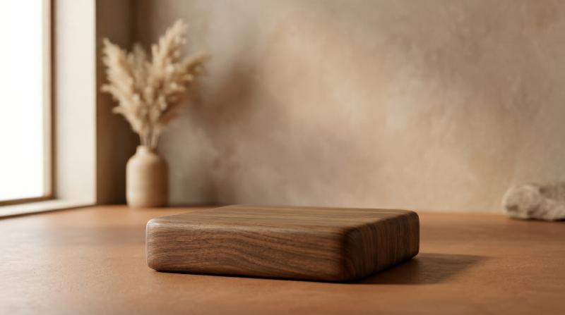 A minimal brown podium scene for product presentation, smooth surfaces, warm earthy tones, clean premium backdrop, ultra-realistic, no logos.