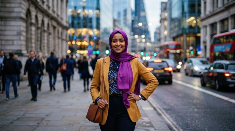 A radiant woman in a purple hijab posing in an urban setting, rich color contrast, modern city blur behind her, confident graceful mood, ultra-realistic, no logos.
