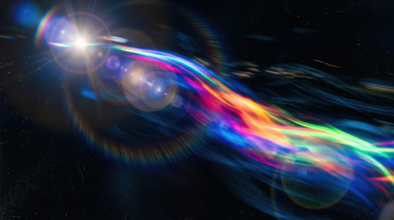 A multicolor light leak glowing across black, fluid motion blur, cool blue lens tint and vintage flare texture, vivid cinematic atmosphere, ultra-realistic, no logos.