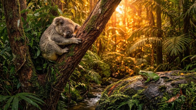 A koala sleeping in a tree and a frog sitting on a rock in a jungle at sunset, warm orange light, calm wildlife setting, ultra-realistic, no logos.