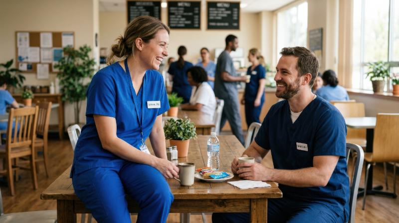 A smiling female nurse talking with a male colleague while seated on a table in a clinic cafeteria, casual break setting, soft indoor light, friendly healthcare atmosphere, ultra-realistic, no logos.