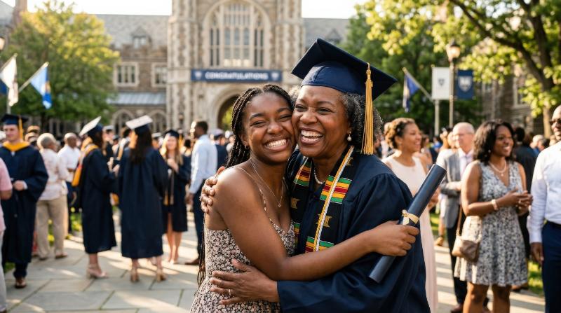 A happy middle-aged college graduate standing proudly with her daughter, cap and gown, emotional embrace, bright campus light and achievement-filled atmosphere, ultra-realistic, no logos.