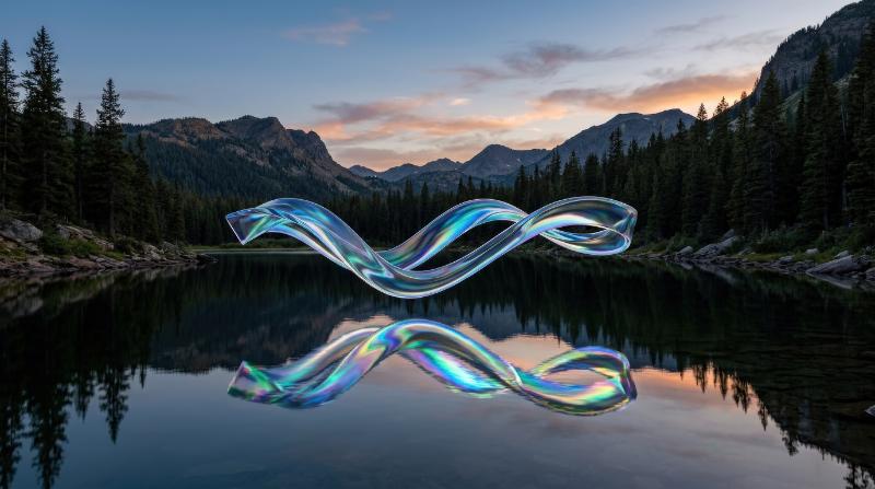 A nature landscape with a transparent glossy ribbon hovering above calm water, iridescent reflections, tranquil futuristic mood, ultra-realistic, no logos.