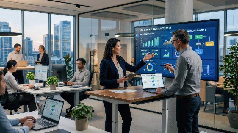 A business digital transformation scene highlighting smart approvals, workflow automation and data-driven decisions across sleek dashboards, efficient modern corporate atmosphere, ultra-realistic, no