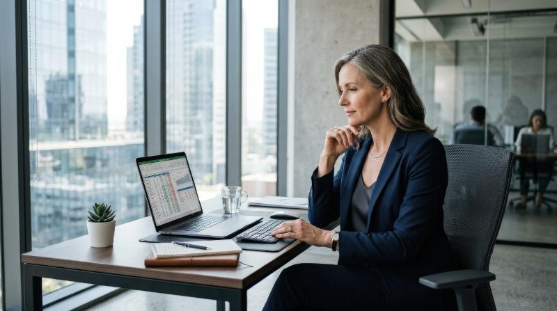 A thoughtful mature businesswoman working on a computer at a sleek desk in a modern office, calm posture, clean lines, subtle daylight, focused and sophisticated atmosphere, ultra-realistic, no logos.