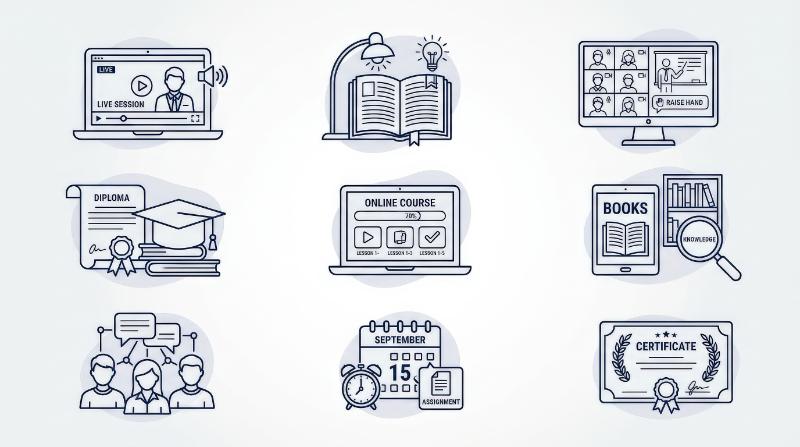 An online education icon set with e-learning, study, laptop and academic symbols in editable stroke style, focused digital classroom atmosphere, ultra-realistic, no logos.
