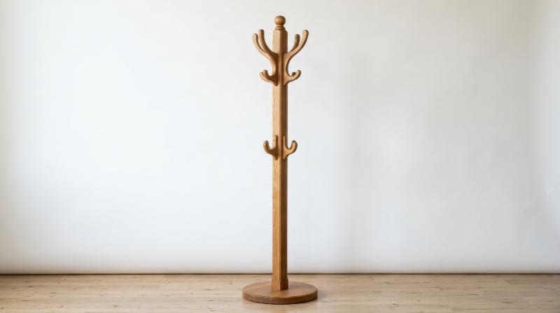 A wooden coat rack standing upright with multiple hooks, clean craftsmanship, warm natural grain, simple white backdrop, minimal studio atmosphere, ultra-realistic, no logos.