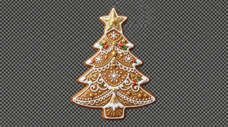 A decorated Christmas tree gingerbread cookie with icing and golden accents, isolated on transparent background, intricate sweet details and festive bakery charm, ultra-realistic, no logos.