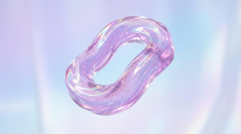 A wobbling jelly loop form in pastel purple, floating against a clean transparent feel, holographic glaze, elastic dessert-like texture, dreamy playful energy, ultra-realistic, no logos.