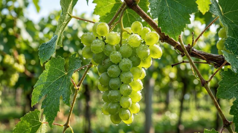A close-up cluster of fresh green grapes on the vine covered in sparkling water droplets, translucent skin, natural vineyard light and refreshing crisp mood, ultra-realistic, no logos.