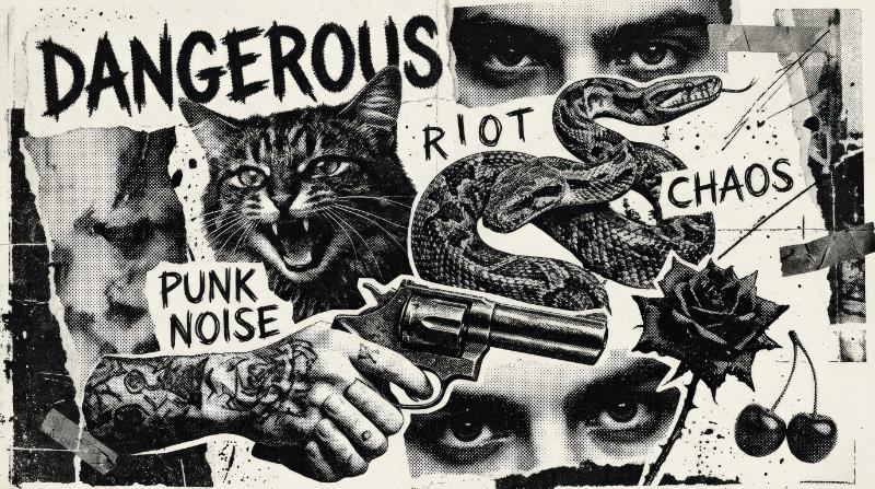 Dangerous retro collage elements with photocopy stipple effect, cat, snake, flower, cherry, pistol, hands and eyes in gritty dotwork, rebellious punk mood, ultra-realistic, no logos.