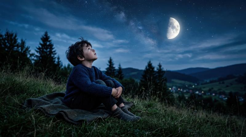 A boy gazing up at the moon, quiet night sky, dreamy blue tones, gentle wonder and childhood imagination, ultra-realistic, no logos.